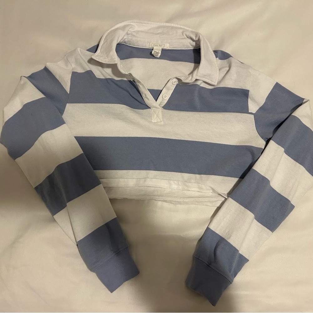 Full Tilt blue and white striped long sleeve crop top with collar
